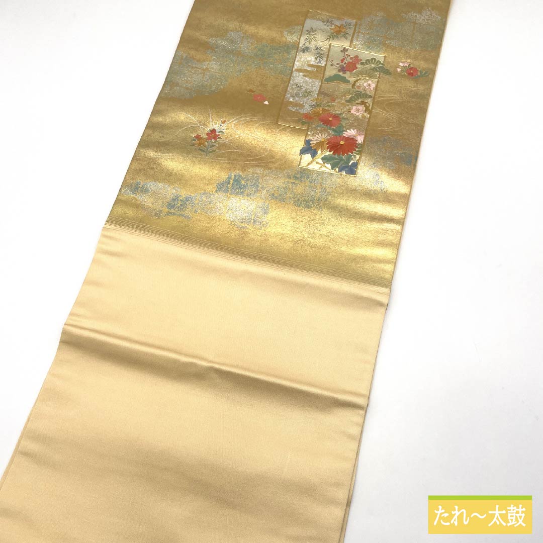 名古屋帯 刺繍 菊 桜 梅 帯丈360cm 正絹 Sランク ポイント柄 セミフォーマル 金系 1124008532321 名古屋仕立て