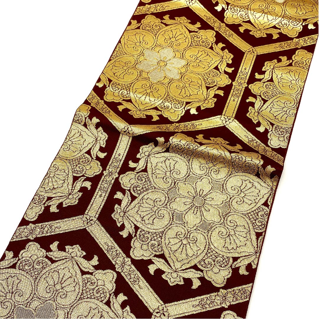 袋帯 紅海老茶色(べにえびちゃいろ) 宝相華 亀甲 帯丈416cm 正絹 Aランク 六通 フォーマル 茶系 1123002883314