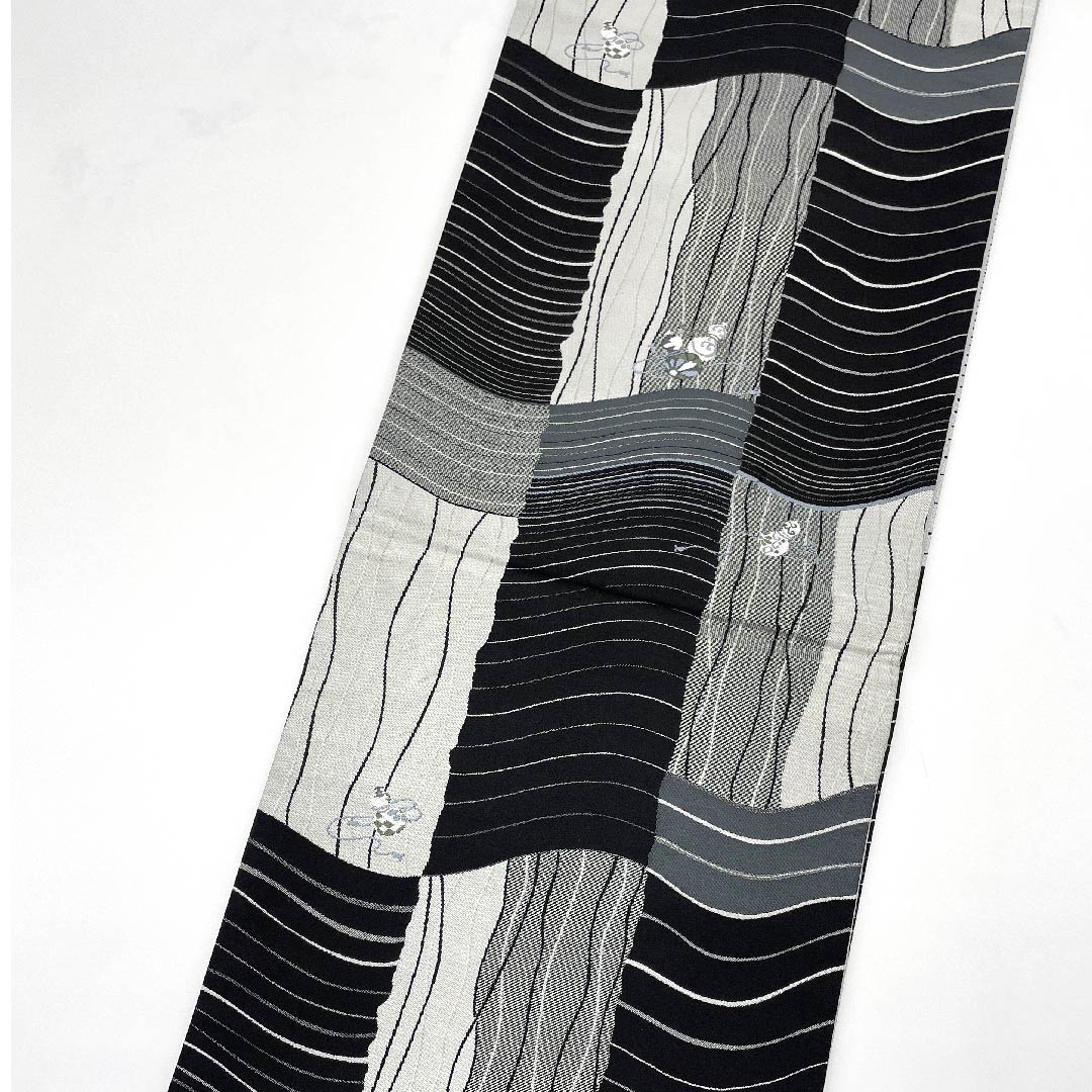 袋帯 変わり市松 瓢箪 モノトーン 帯丈438cm 正絹 Sランク 六通 カジュアル グラデーション系 1123008812399