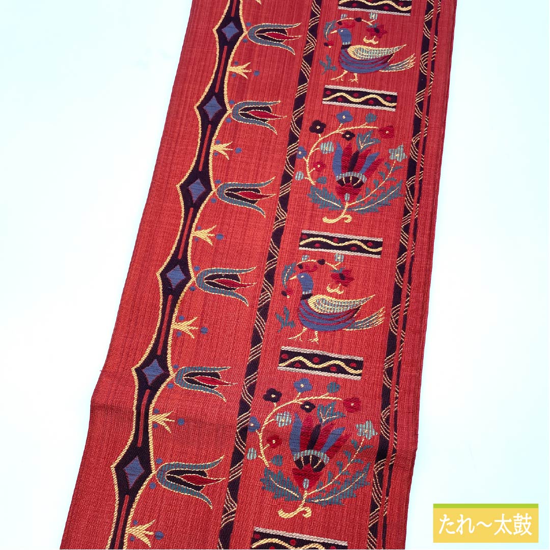 袋帯 正絹 生臙脂色(しょうえんじいろ) 鳥 抽象花 帯丈436cm Sランク 六通 カジュアル 赤系 1123012352312