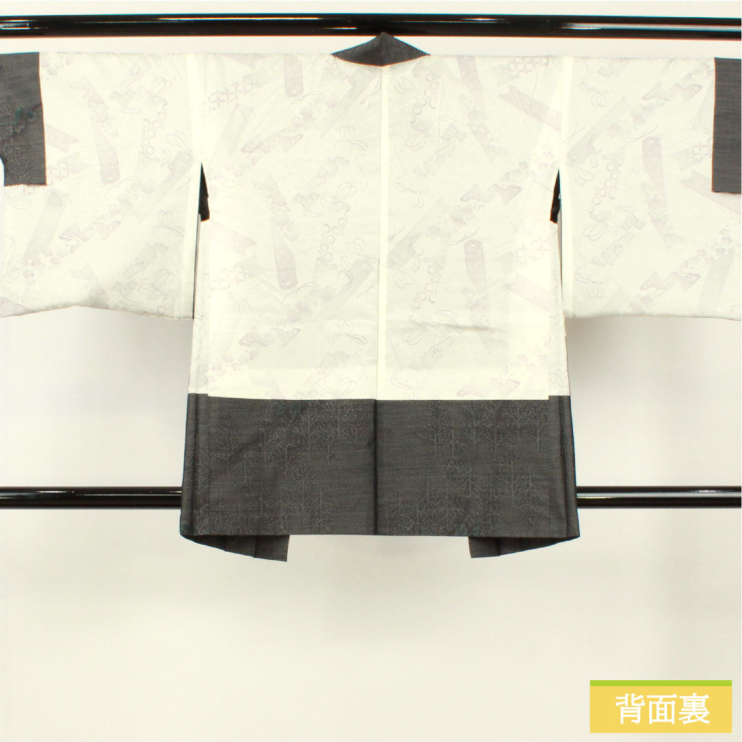 羽織 正絹 身丈84cm 裄丈66cm 大島紬 緯総絣 草花模様 Sランク 袷 黒系 1117001162910