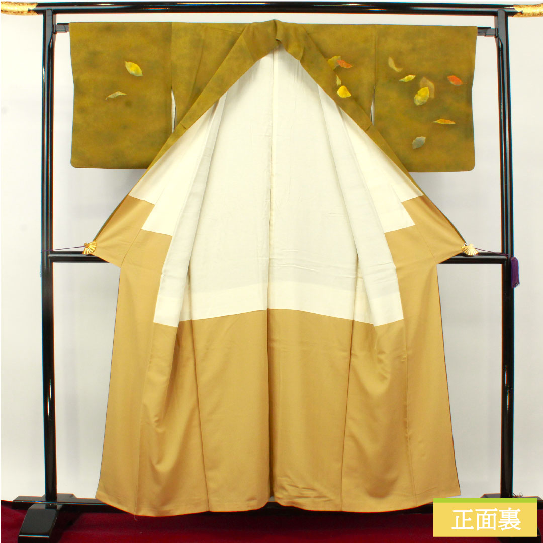 訪問着 正絹 袷 身丈157cm 裄丈66cm 青宣徳色(あおせんとくいろ) 濡れ描き 落葉模様 Aランク 緑系 1112004853319