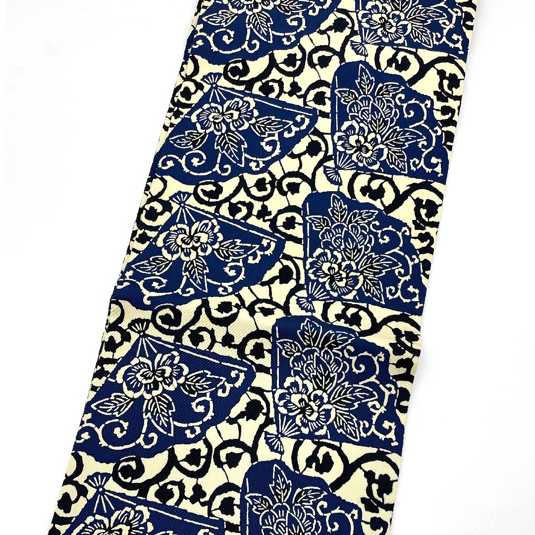 Nagoya obi, light egg-colored, stencil-dyed, fan and flower pattern, obi length 337cm, pure silk, S rank, full-length, casual, cream-colored, 1124005012315, Nagoya-made