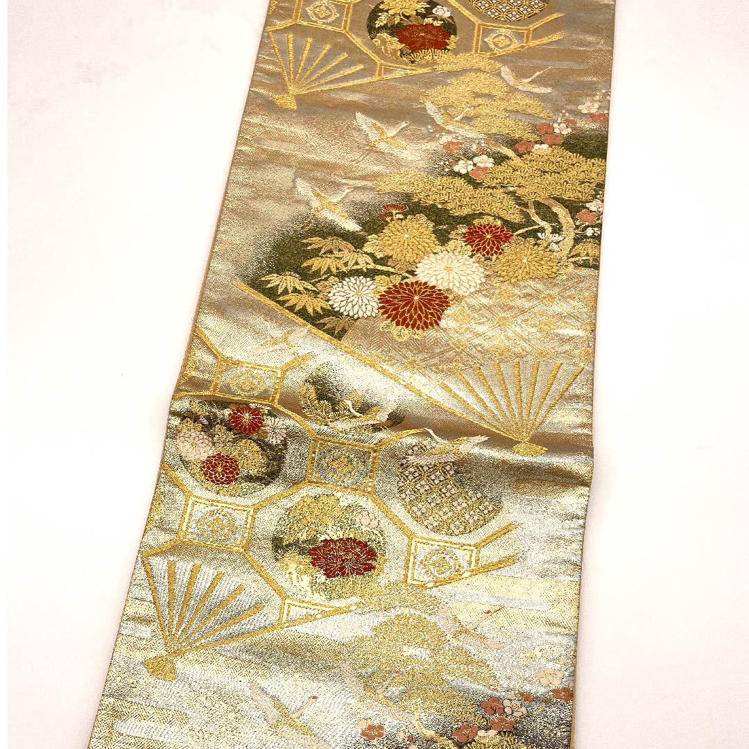 袋帯 金色 扇面 松竹梅 鶴 蒔絵 帯丈434cm 正絹 Aランク 六通 フォーマル 金系 1123009103321