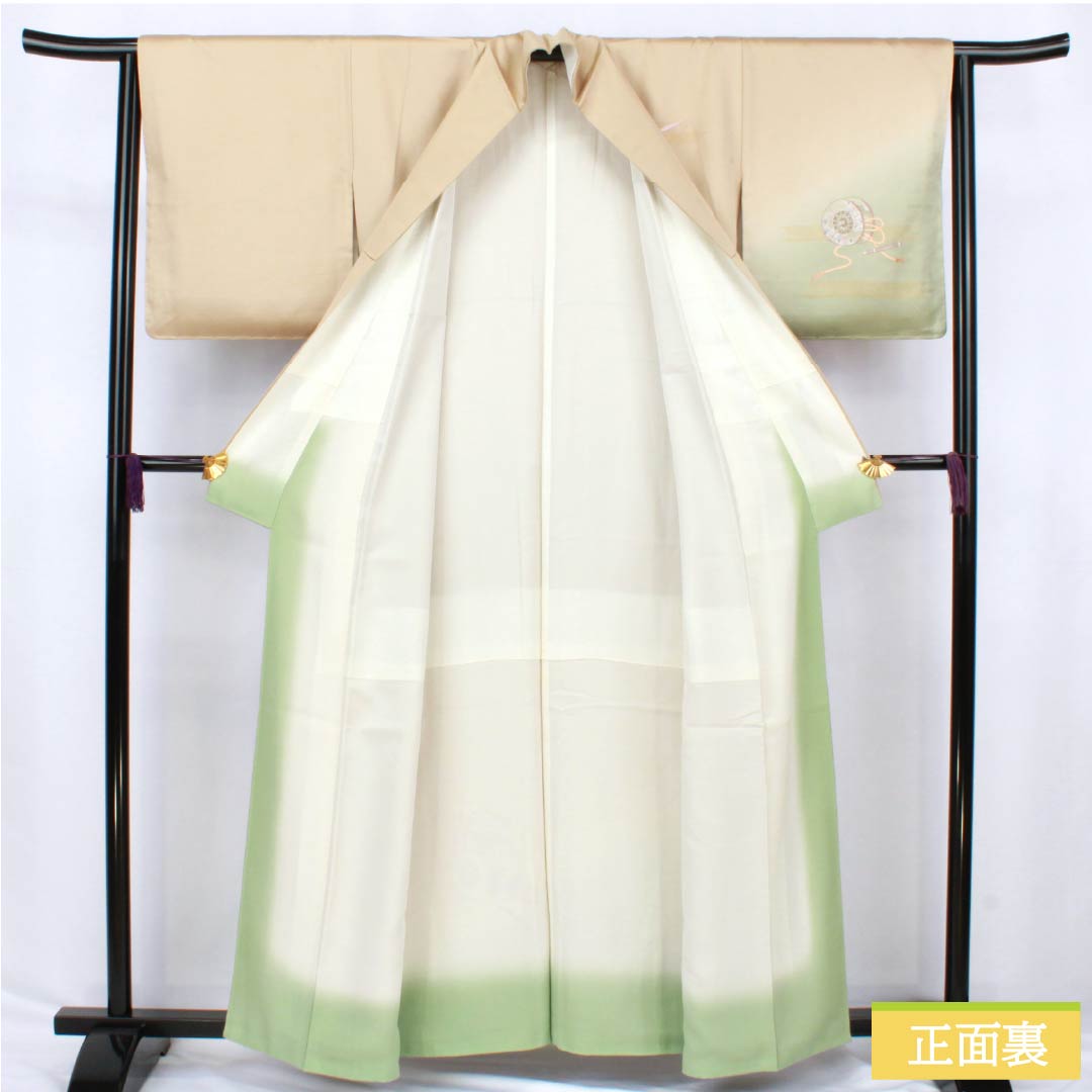 訪問着 正絹 Aランク 袷 身丈159cm 裄丈63.5cm 胡桃色(くるみいろ) 蘇州刺繡 付下げ 御所車 ベージュ系 1112006663325