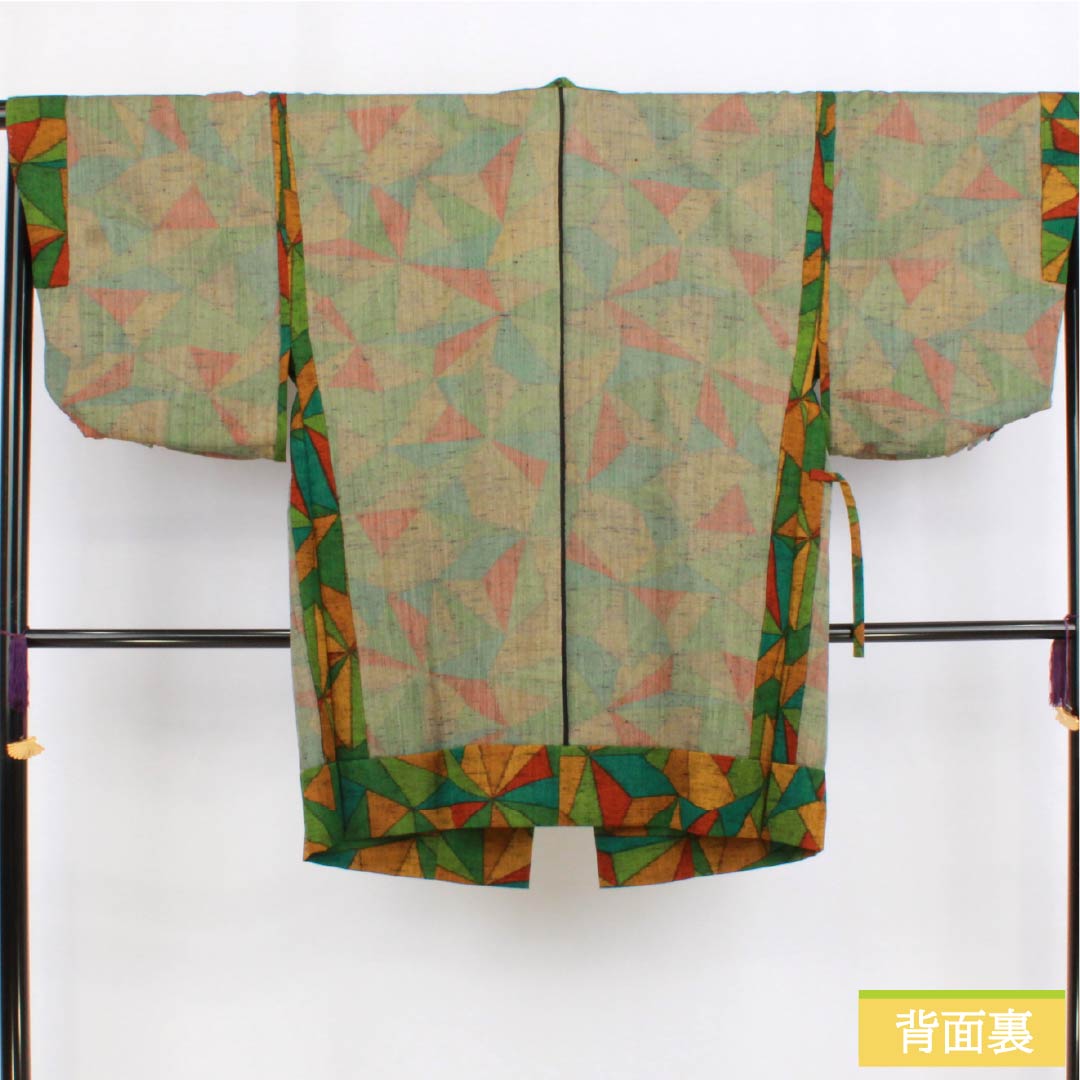 道中着 ウール Sランク 身丈93.5cm 裄丈68cm 柳緑色(りゅうりょくいろ) 幾何学模様 しつけ糸付き 単衣 緑系 1117001222919