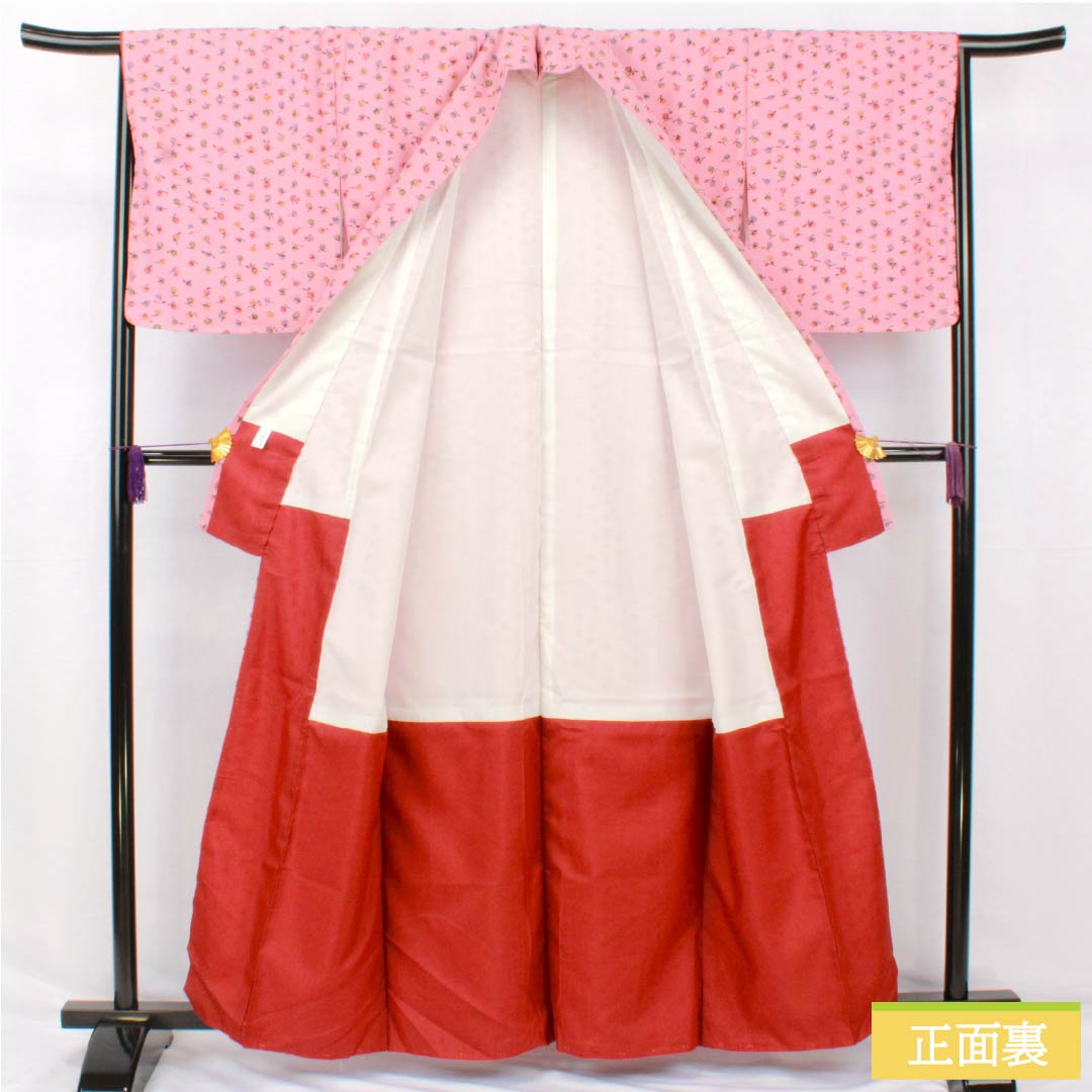 小紋 ポリエステル 身丈160cm 裄丈67cm 袷 一斤染色(いっこんぞめいろ) 型染 洗える着物 果実 しつけ糸付き Sランク ピンク系 1115005022413