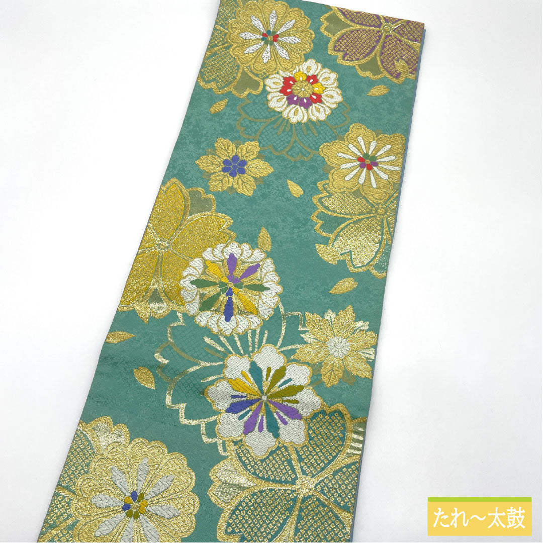 Nishijin-ori silk obi (sleeve sash), S-rank, in Hisokuiro (hidden color), with a floral pattern, reversible, suitable for furisode (long-sleeved kimono), length 462cm, six-fold, formal, green, product number 1123016322419