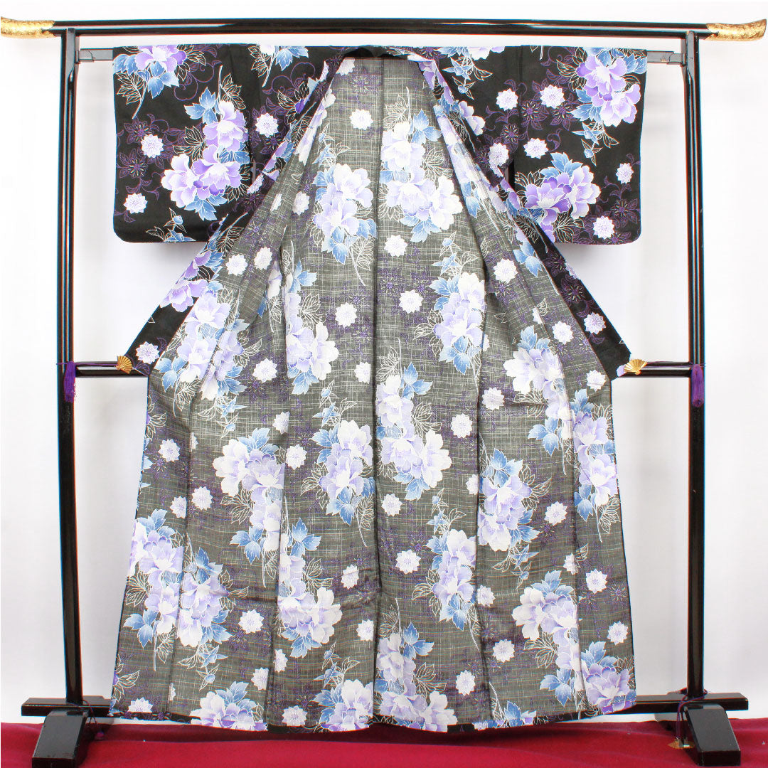 浴衣 草花模様 木綿 Sランク 単衣 身丈163cm 裄丈63cm 黒系 1118001102410