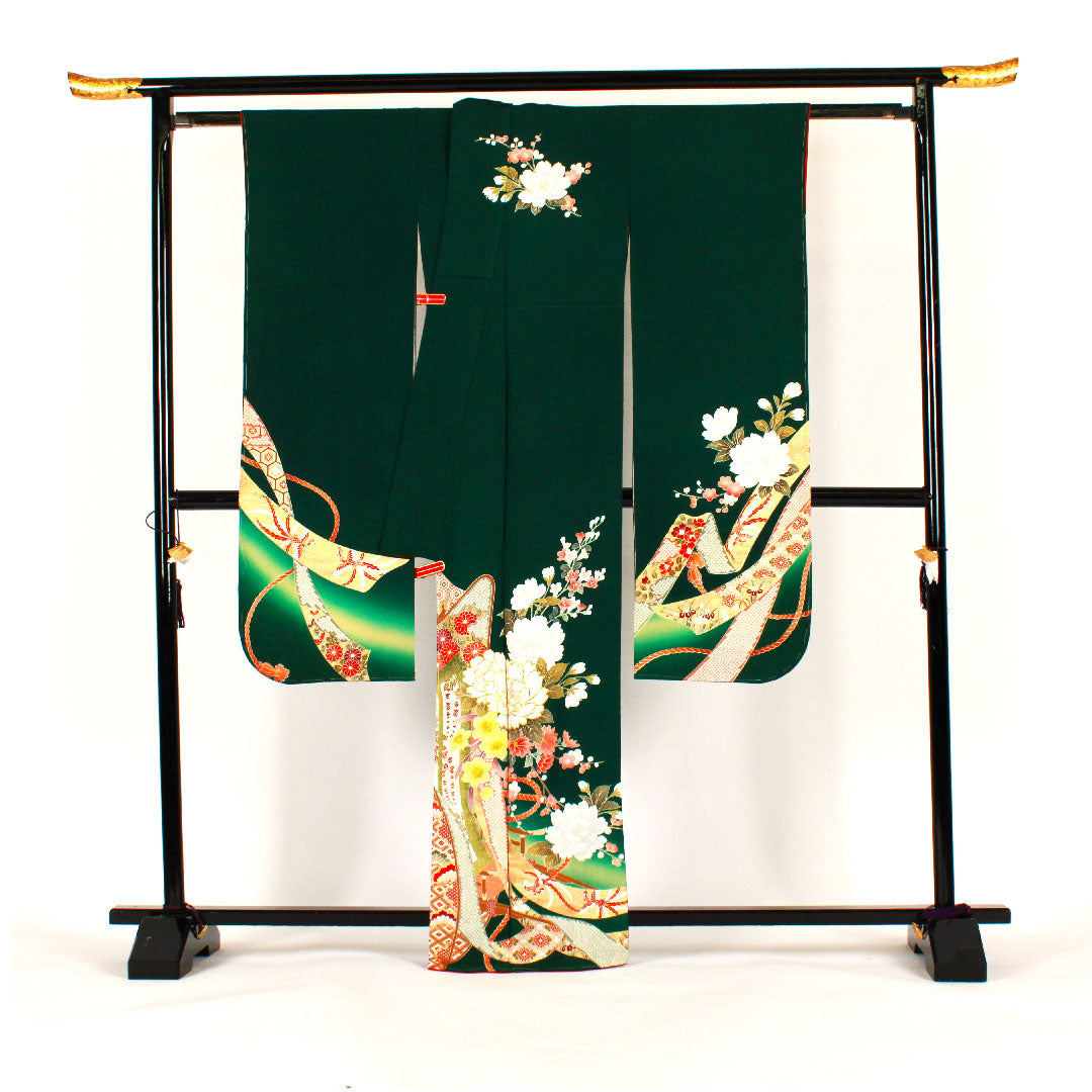振袖 身丈165cm 裄丈65cm 袷 御所車に枝花模様 正絹 Sランク 緑系 1113000502519