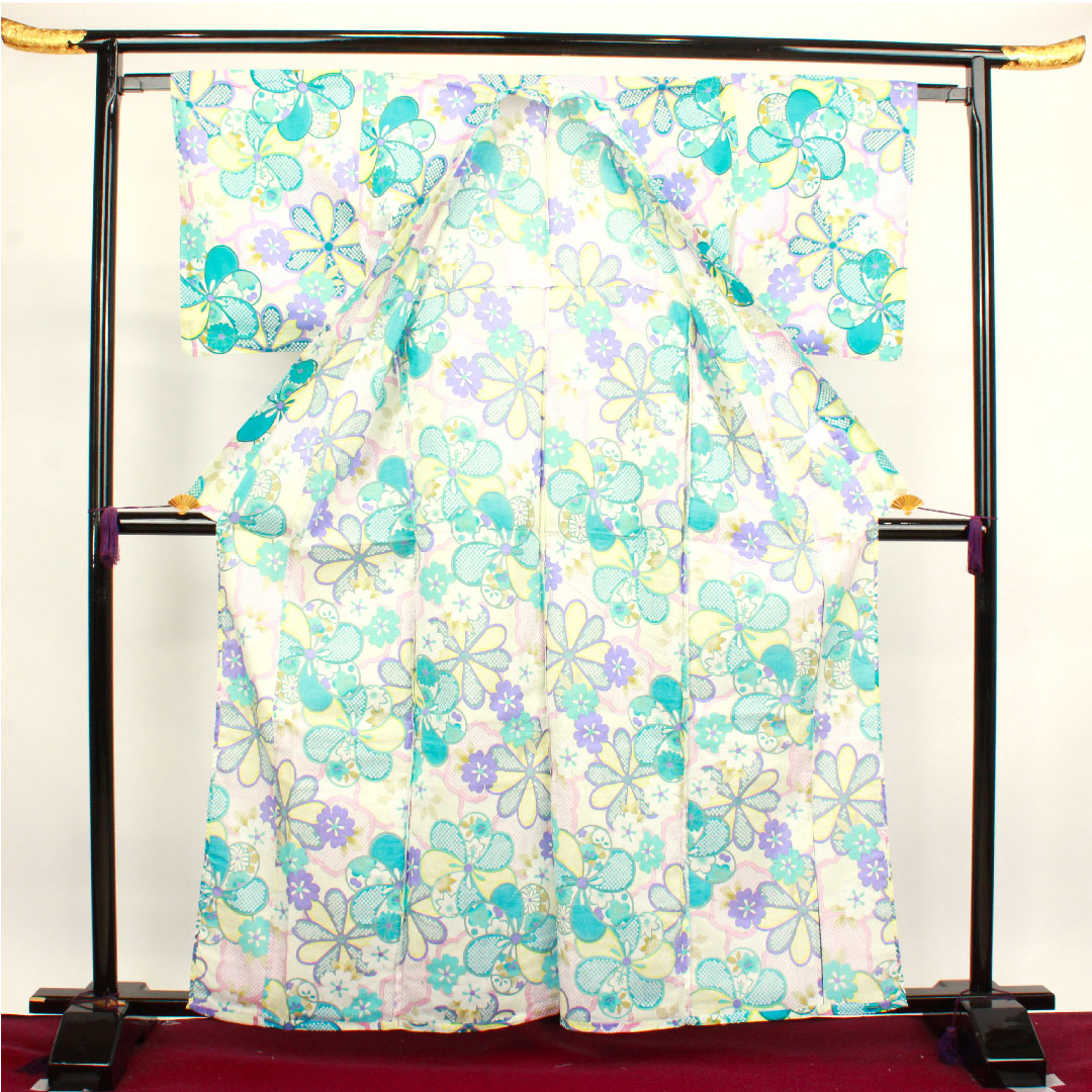 浴衣 ねじり梅 菊 橘 木綿 Sランク 単衣 身丈162.5cm 裄丈62.5cm グラデーション系 1118002662499