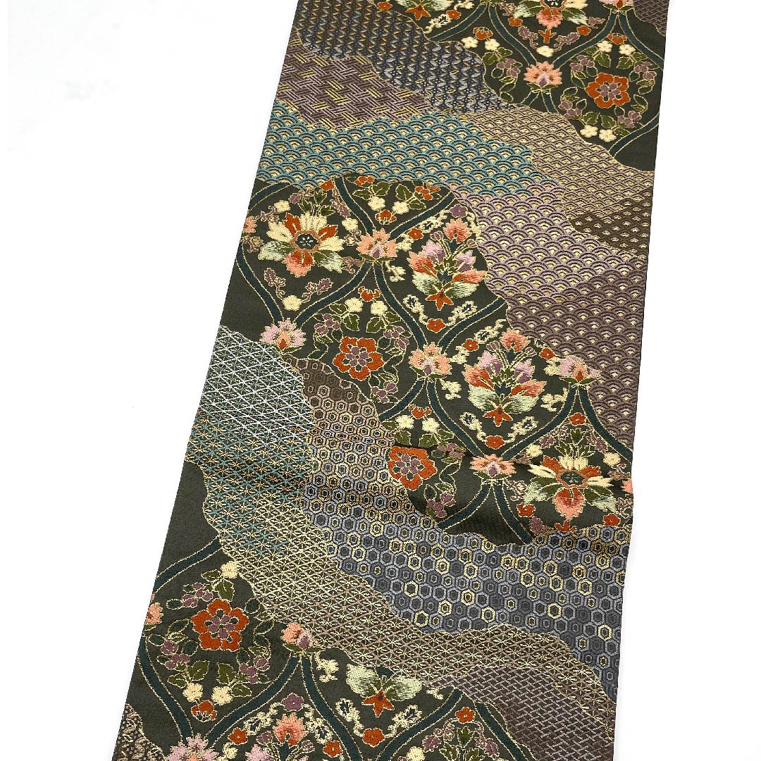 Fukuro Obi Black Oak Color (Kuro Tsurubamiiro) Tachiwaku Seigaiha Tortoise Shell Shirayaen Oba Obi Length 440cm Pure Silk A Rank Six-way Formal Green 1123008953319