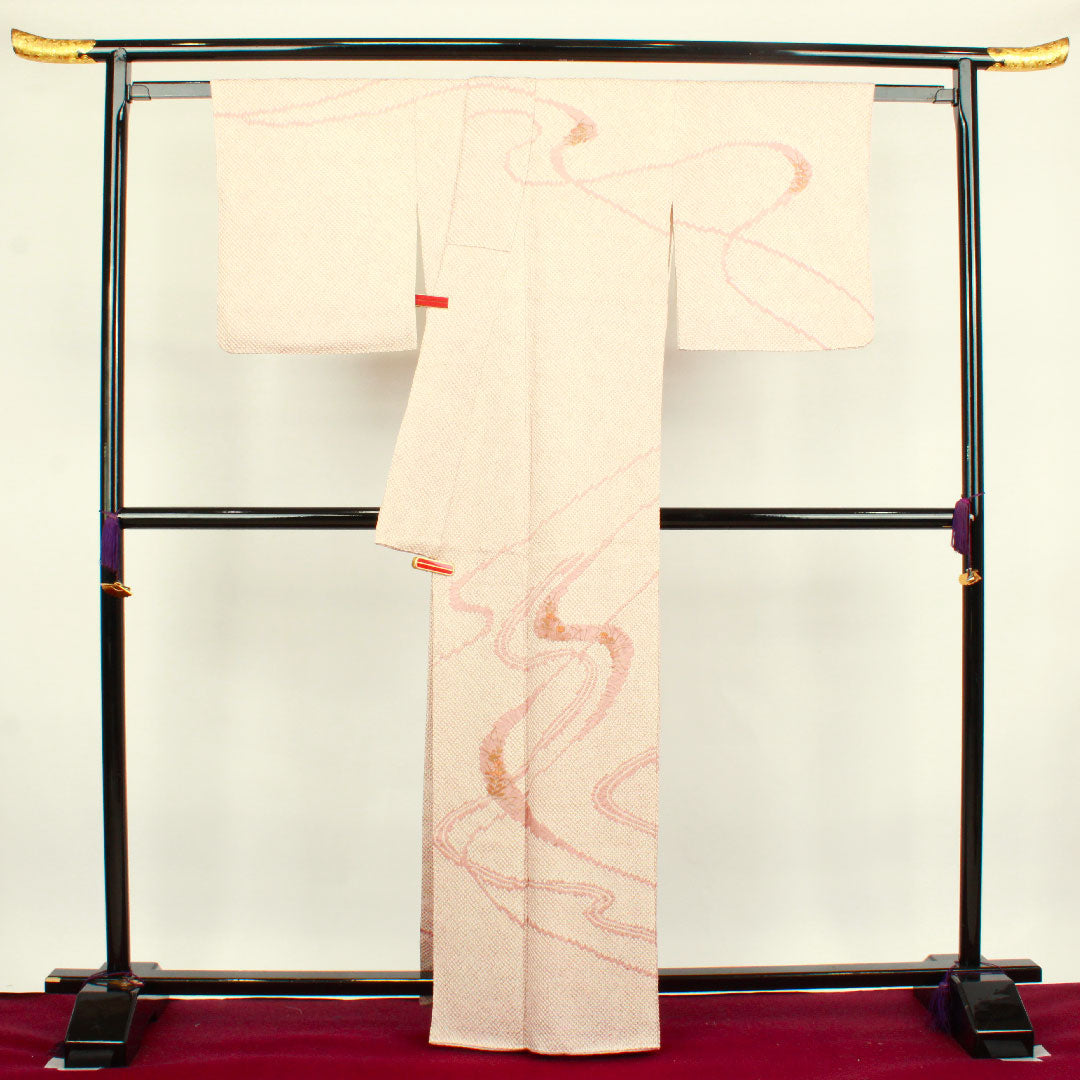 訪問着 袷 身丈165cm 裄丈65cm 鴇浅葱色 絞り 流水 正絹 Aランク ピンク系 1112002353513