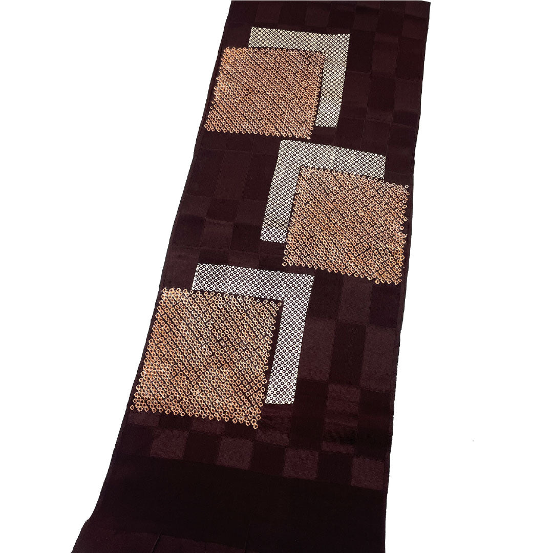 S-Rank Silk Obiage (Sash) - Casual, Burnt Brown, Checkered Pattern with Hikita Pattern, Classic Design, Approximately 164cm Long, 29cm Wide, Brown, Product Number: 1136001752914
