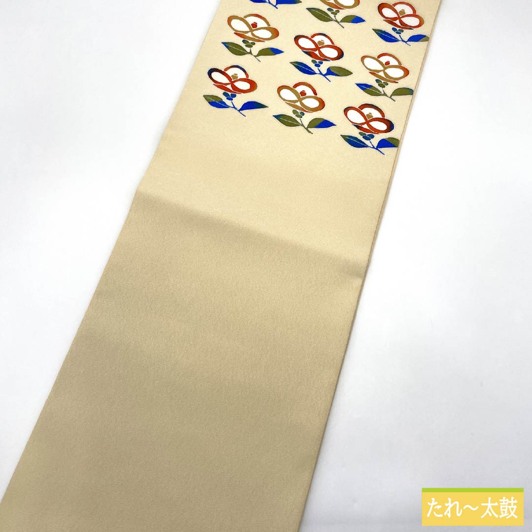 名古屋帯 ポリエステル Sランク 鳥の子色(とりのこいろ) 型染 ちりめん地 椿 帯丈372cm ポイント柄 カジュアル クリーム系 1124010812315 開き仕立て