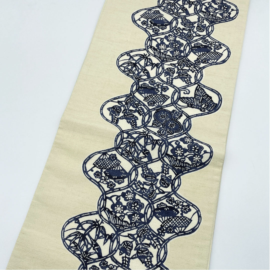 袋帯 灰梅色(はいうめいろ) 立湧 扇 桜 帯丈424cm 正絹 Aランク 六通 カジュアル クリーム系 1123005113315