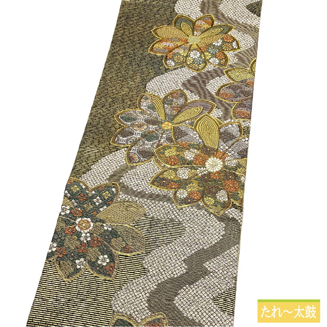 袋帯 正絹 引箔 流水 鹿の子 綾金 帯丈436cm Sランク 六通 フォーマル 金系 1123013462321