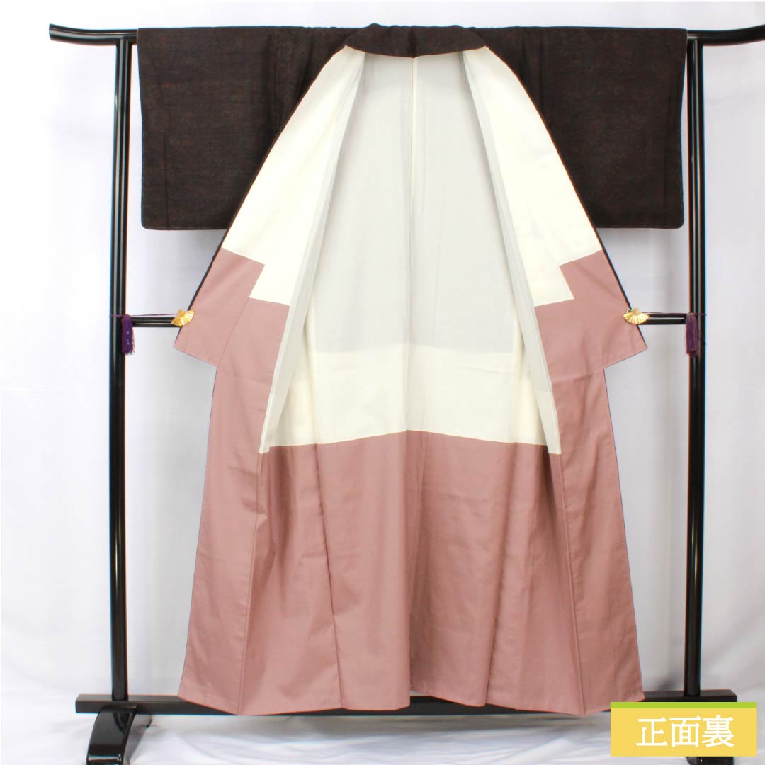 小紋 正絹 身丈156cm 裄丈63cm 袷 涅色(くりいろ) 紬地 草花模様 Sランク 黒系 1115005672310