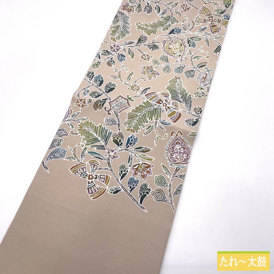 名古屋帯 正絹 Aランク 翁茶色(おきなちゃいろ) 型染 更紗文様 帯丈376cm ポイント柄 カジュアル ピンク系 1124010453313 開き仕立て