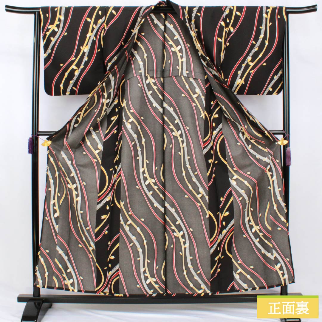 Komono Polyester S Rank, Length 157.5cm, Sleeve-to-sleeve 65.5cm, Unlined, Katazome, Curves, Flower Petals, Washable Kimono, Black-based, 1115007812310