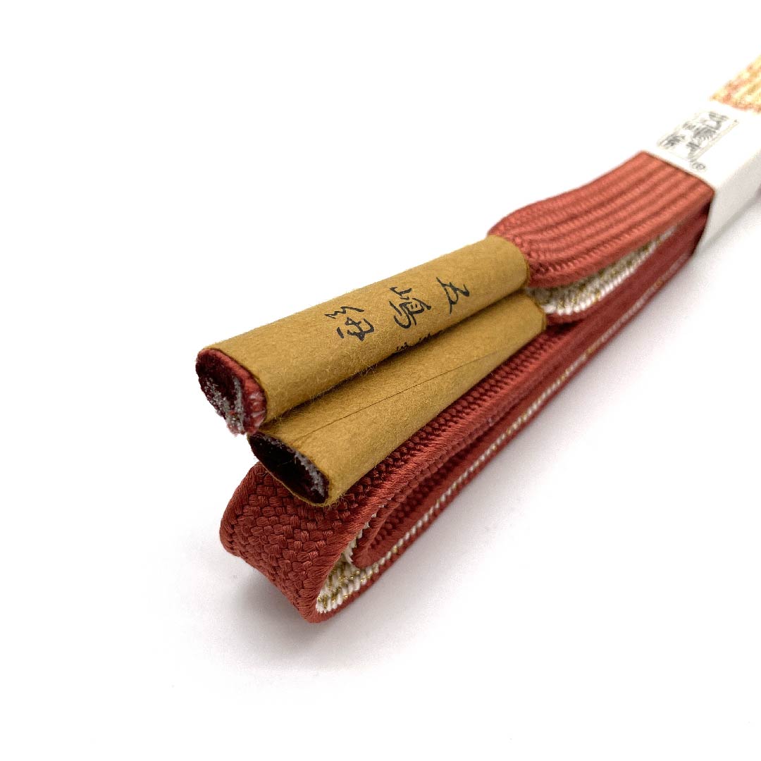 (New old stock) Obijime (belt tying) Pure silk quarter-length cord, red-colored (beni-to-iro), Goshima cord, Edo braid cord, metallic thread used, length approx. 162cm, width approx. 1.7cm, semi-formal, S rank, orange, 1135002392326