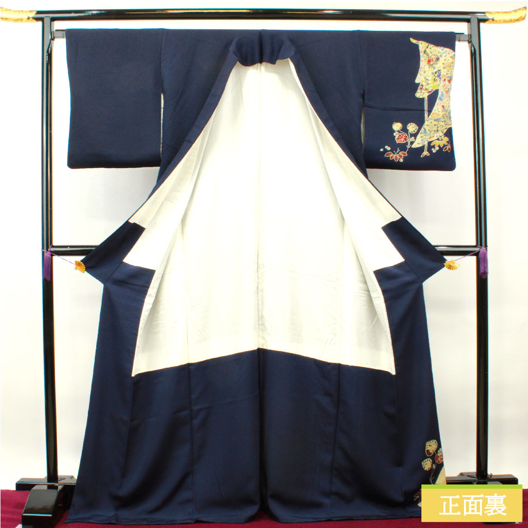 Homongi, pure silk, lined, length 172cm, sleeve length 67cm, dark blue, Tsujigahana, S rank, navy blue, 1112003572618