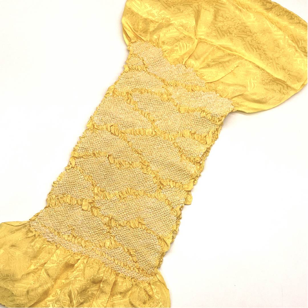 Obiage silk S rank semi-formal, sunflower yellow, shibori, sayagata pattern, for furisode, length approx. 138cm, width approx. 17cm, yellow color, 1136000942923