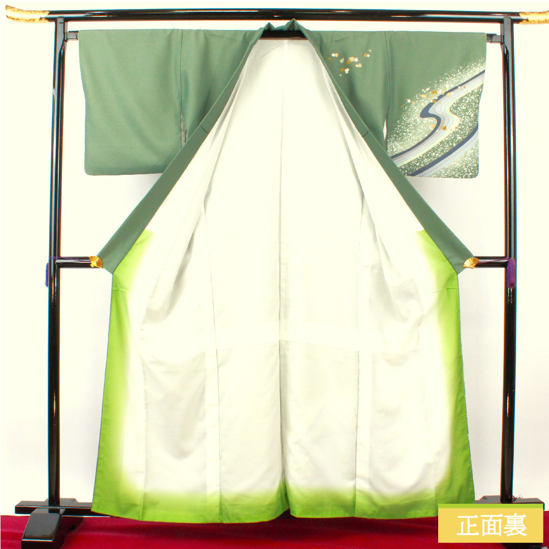 訪問着 ポリエステル 袷 身丈160.5cm 裄丈66cm 千種色(ちぐさいろ) 洗える着物 流水 Aランク 緑系 1112004603419