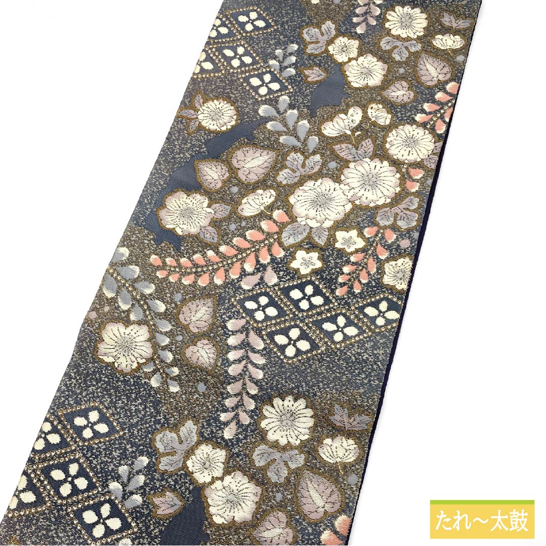 袋帯 正絹 裏色(うらいろ) 辻ヶ花 花菱 帯丈448cm Sランク 六通 セミフォーマル 青系 1123015042317