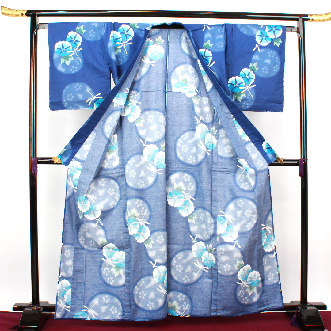 浴衣 しつけ糸付き 未使用品 紺瑠璃色 トンボ 朝顔 木綿 Sランク 単衣 身丈163.5cm 裄丈67.5cm 紺系 1118002202418
