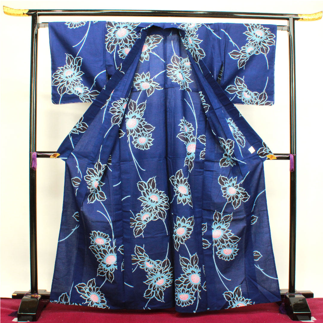 浴衣 しつけ糸付き 未使用品 濃紺色 向日葵 木綿 Sランク 単衣 身丈165cm 裄丈64.5cm 紺系 1118002752518