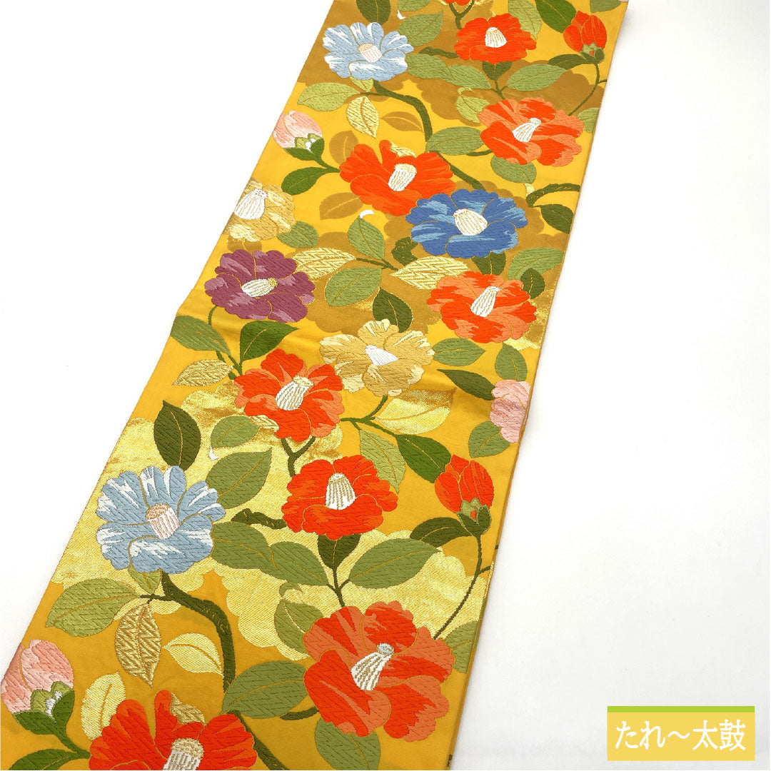 袋帯 正絹 Sランク 黄支子色(きくちなしいろ) 西陣織 唐織 椿 帯丈424cm 六通 フォーマル 黄系 1123017062323