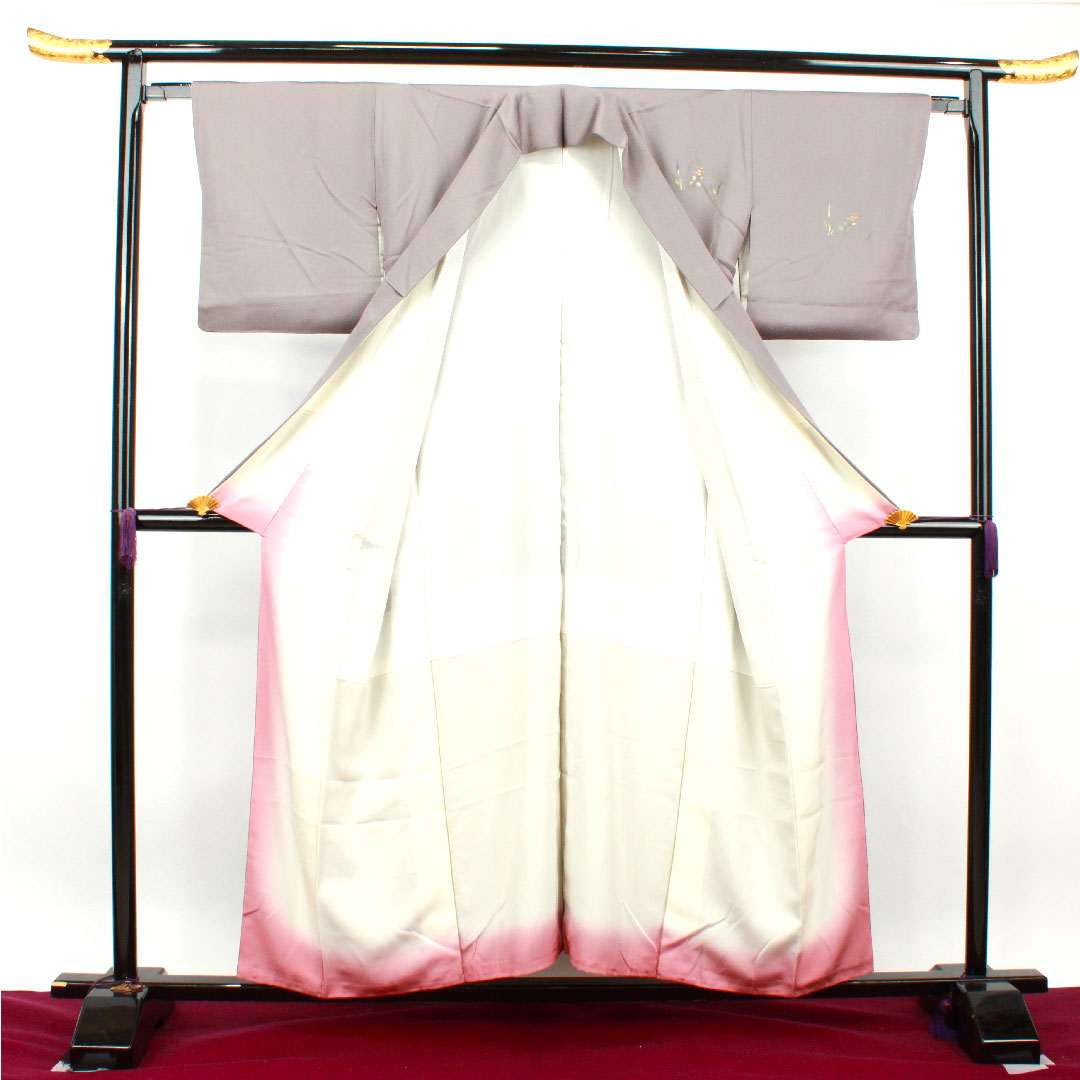 Homongi, pure silk, lined, length 156cm, sleeve length 63cm, tin color, gold leaf finish, floral pattern, S rank, gray, 1112002942322