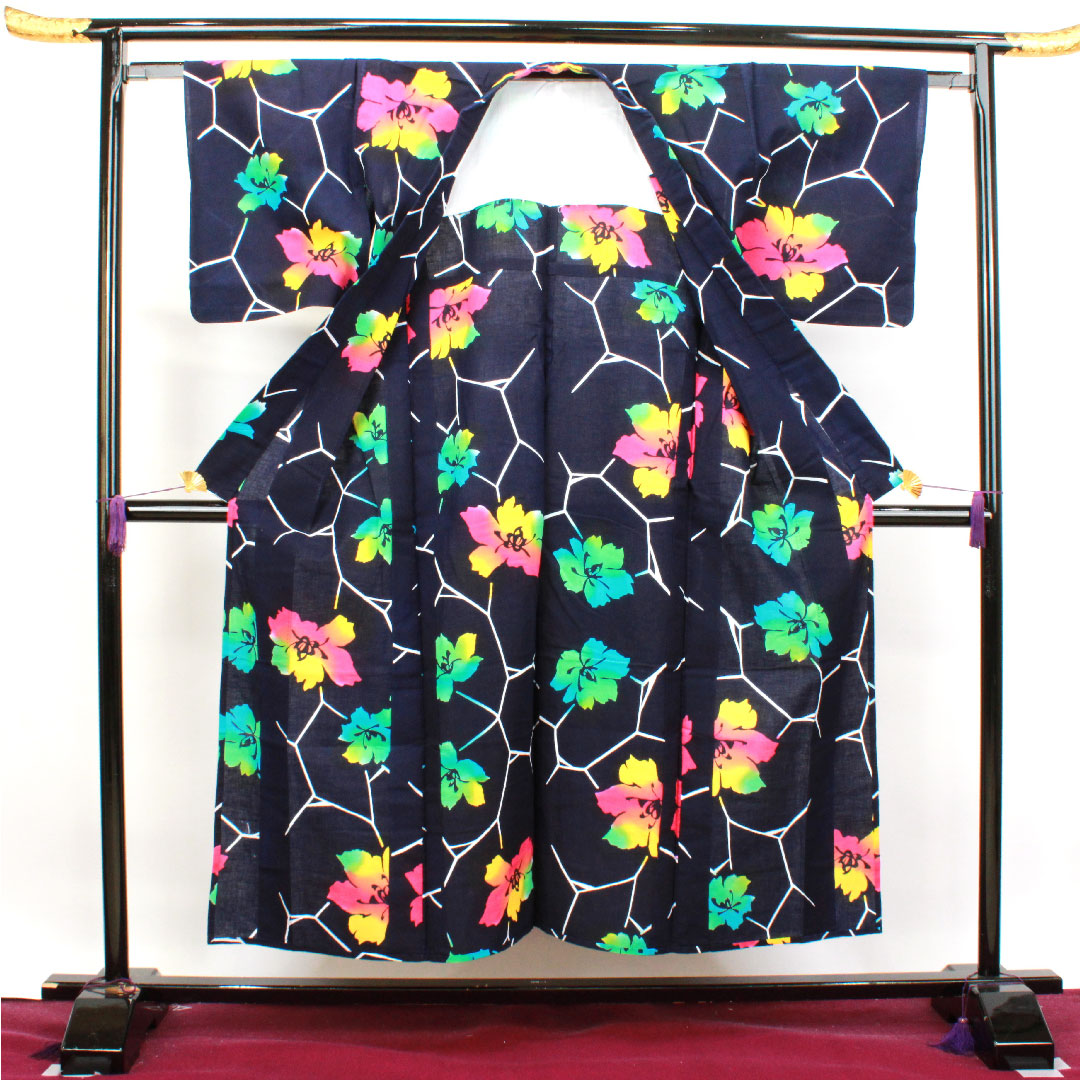 浴衣 濃紺色 抽象花 木綿 Sランク 単衣 身丈152cm 裄丈63.5cm 紺系 1118003392218