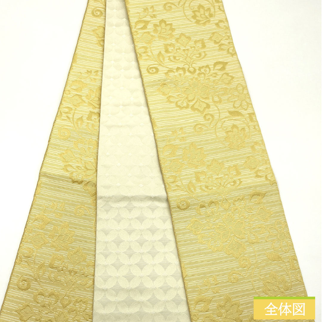 (New) Half-width obi, polyester, New rank, eggshell color (tamago-iro), ivory color (zoge-iro), with karahana pattern and shippo-tsunagi, reversible, obi length 400cm, yellow family, 1125002561423