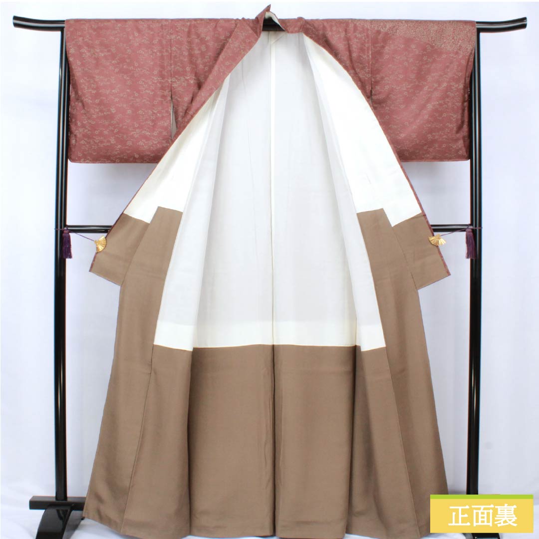 訪問着 正絹 Aランク 袷 身丈164.5cm 裄丈65cm 小豆色(あずきいろ) 紬地 草花 茶系 1112006343414