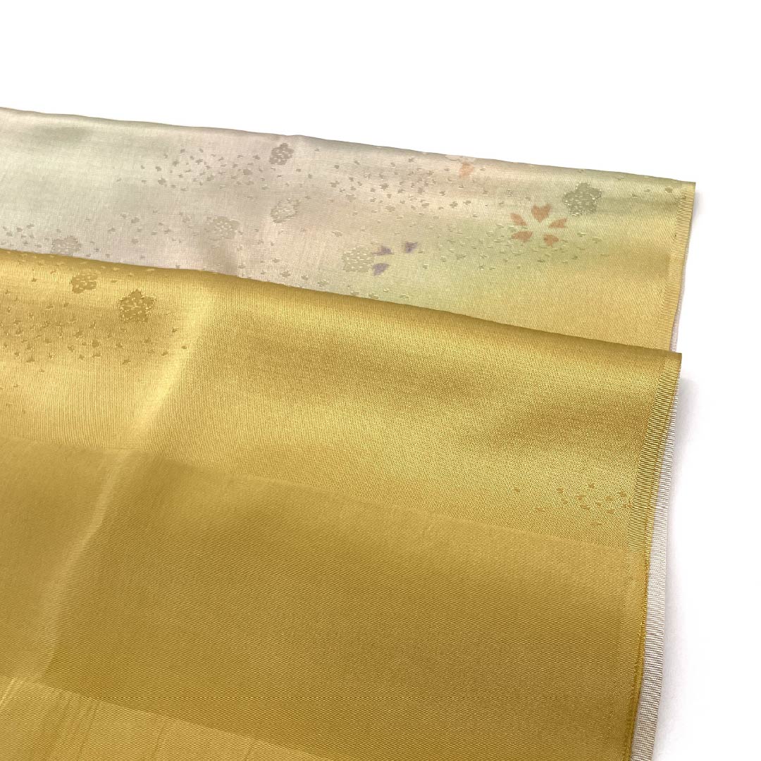 Obiage (kimono sash tie) pure silk S-rank semi-formal, kikarakami-iro (yellow-orange), kasumi-bokashi (hazy gradation) cherry blossoms and plums, length approx. 171cm, width approx. 29cm, yellow, 1136004602923