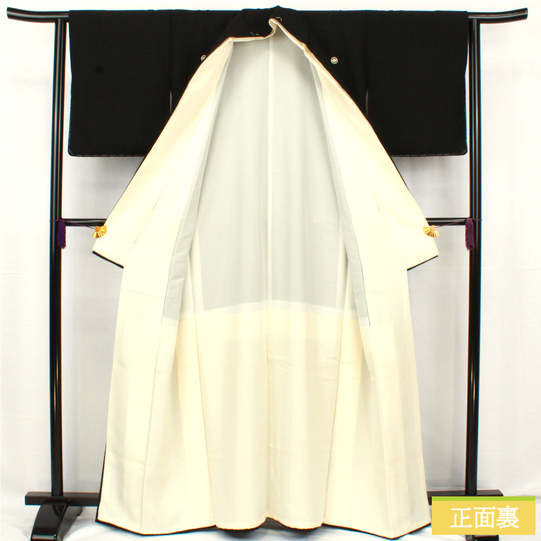 Black formal kimono, pure silk, length 161cm, sleeve length 62cm, lined, Kyoto Yuzen, Tale of Genji, artist's work, five crests, circle with diamonds, A rank, black, 1111001483410