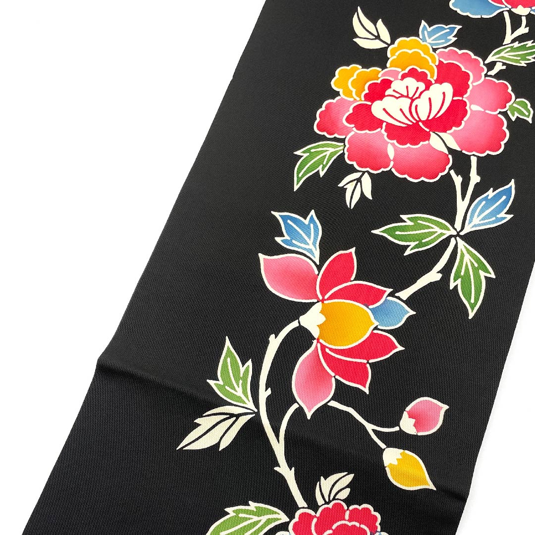 名古屋帯 黒色 型染 草花模様 帯丈370cm 正絹 優品 全通 カジュアル 黒系 1124004323310 名古屋仕立て