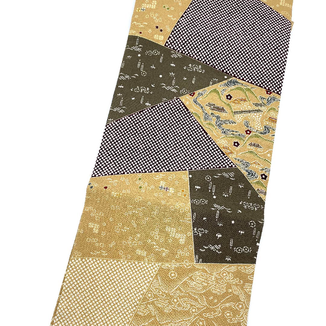 名古屋帯 山吹鼠色 京紅型 栗山工房 吉祥文様 帯丈366cm 正絹 Sランク ポイント柄 カジュアル 茶系 1124005202314 名古屋仕立て