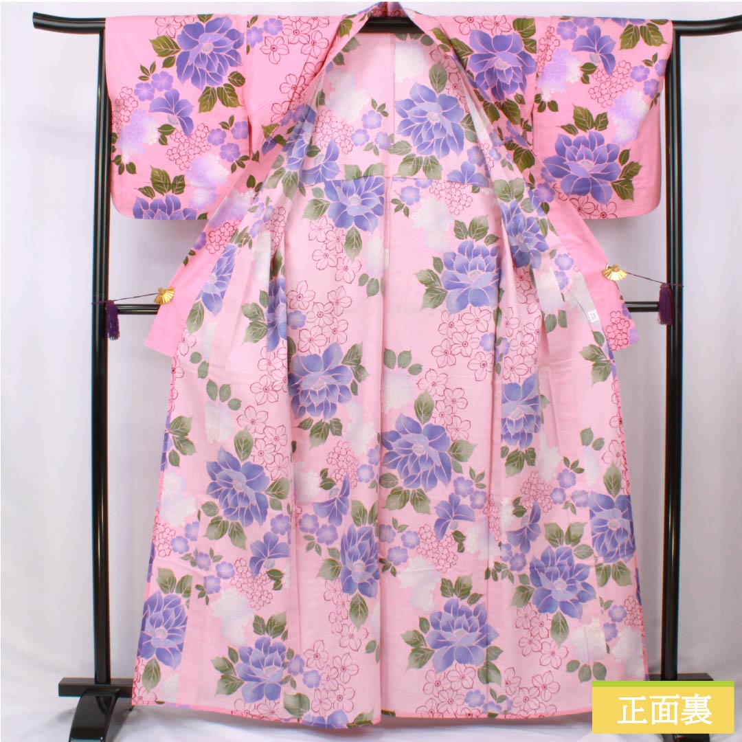 浴衣 木綿 身丈163cm 裄丈65cm Sランク 単衣 ピンク系 中紅花色(なかのくれないいろ) 花 1118006572413