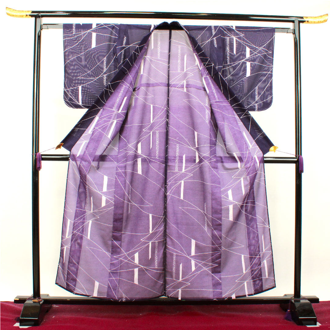 夏物 ポリエステル 小紋 身丈158.5cm 裄丈60.5cm 紫紺色(しこんいろ) 竹 しつけ糸付き 未使用品 絽 Sランク 紫系 1132000942320