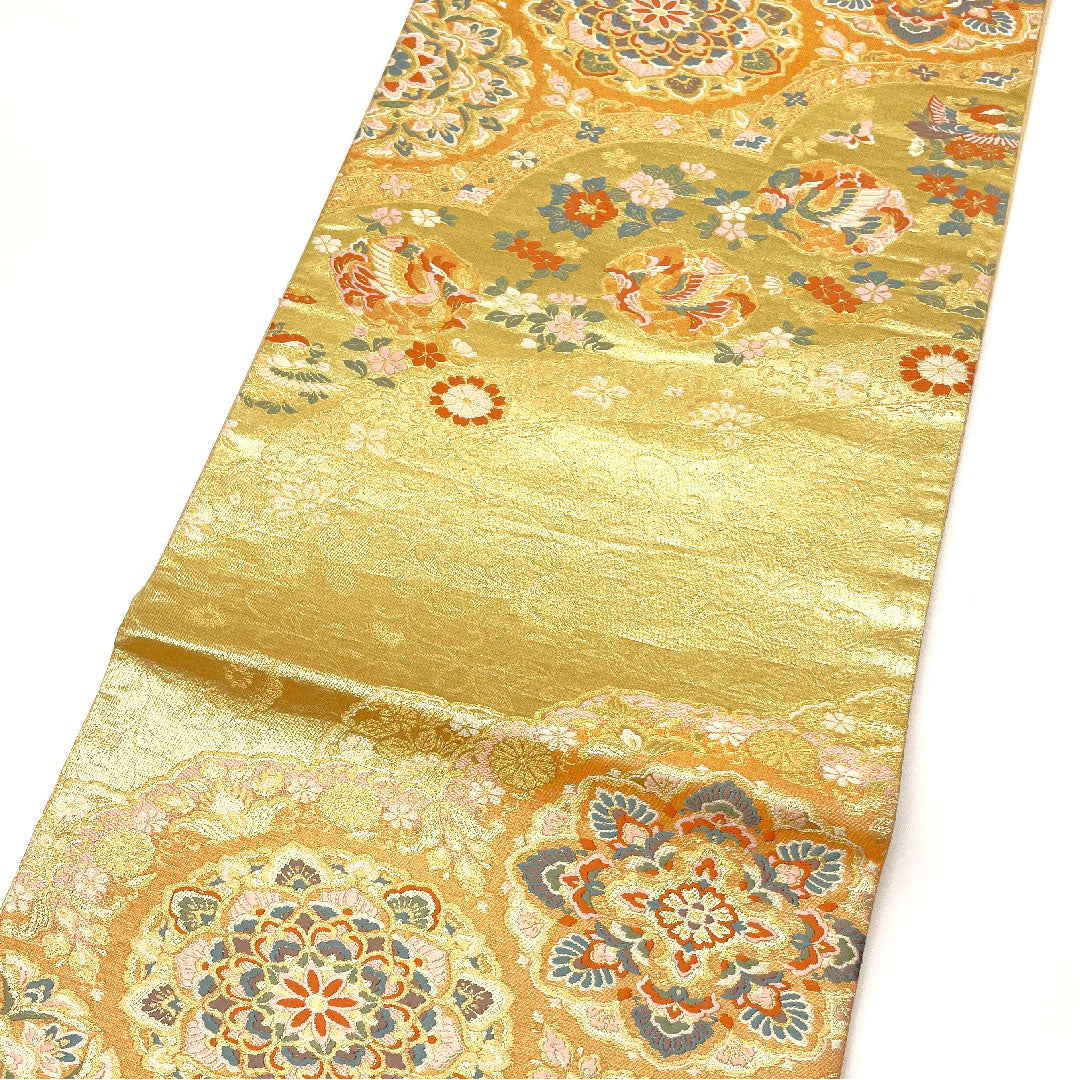 (未仕立)袋帯 吉祥文様 鳥 留袖 帯丈432cm 正絹 NEWランク 六通 フォーマル 金系 1123002441321