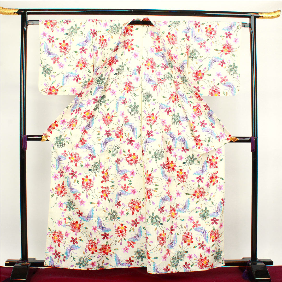 浴衣 しつけ糸付き 未使用品 乳白色 型染 綿麻 Sランク 単衣 身丈162cm 裄丈66cm クリーム系 1118002022415