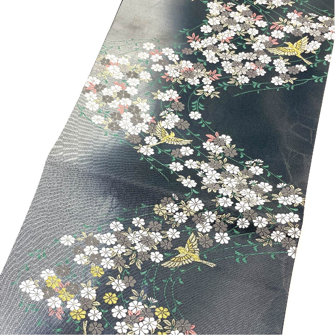 袋帯 熨斗目色(のしめいろ) 桜 鶴 流水 帯丈430cm 正絹 Aランク 六通 フォーマル グレー系 1123002923322