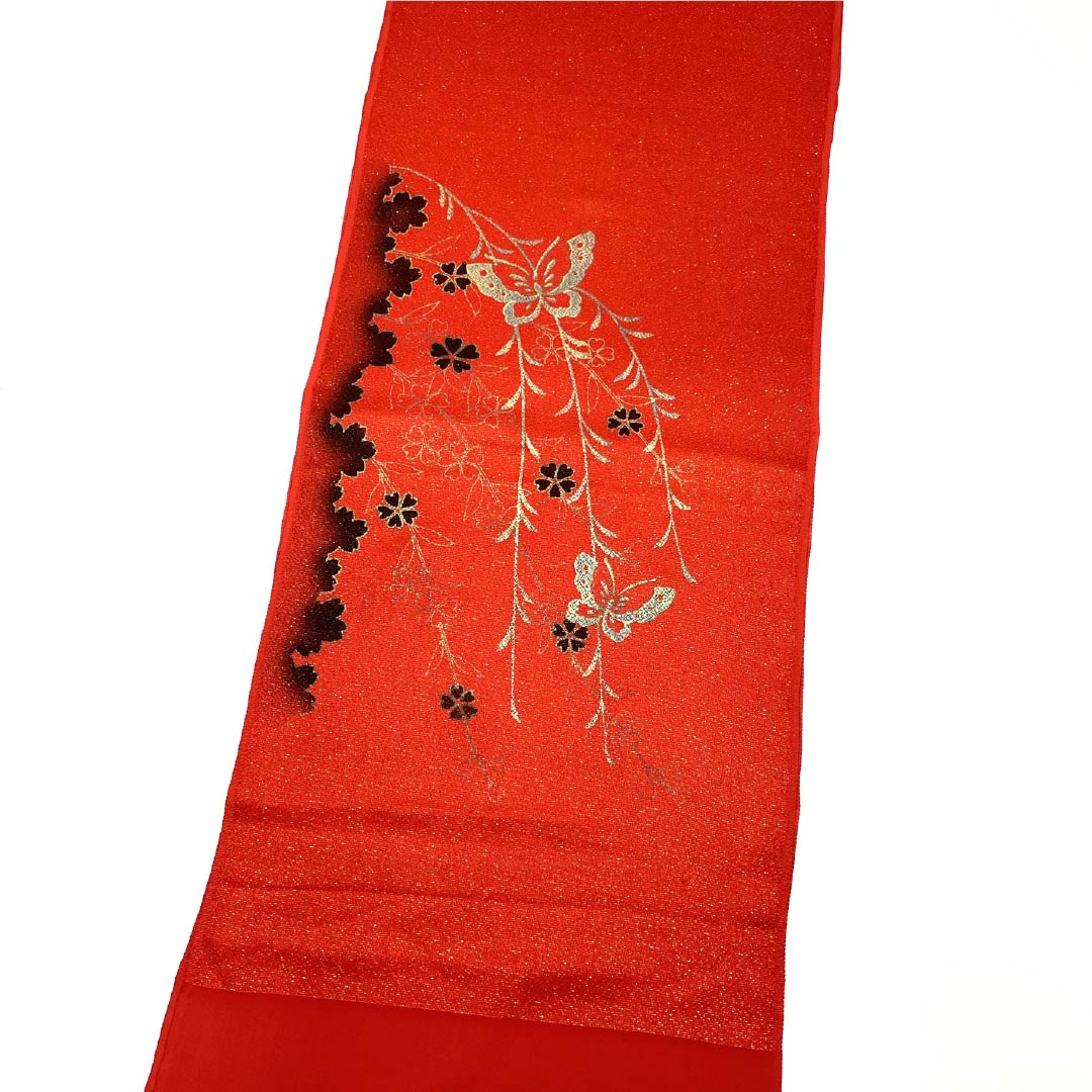 帯揚げ 正絹 Sランク セミフォーマル 赤色(あかいろ) 蝶 草花 長さ約178cm 幅約31cm 赤系 1136004042912