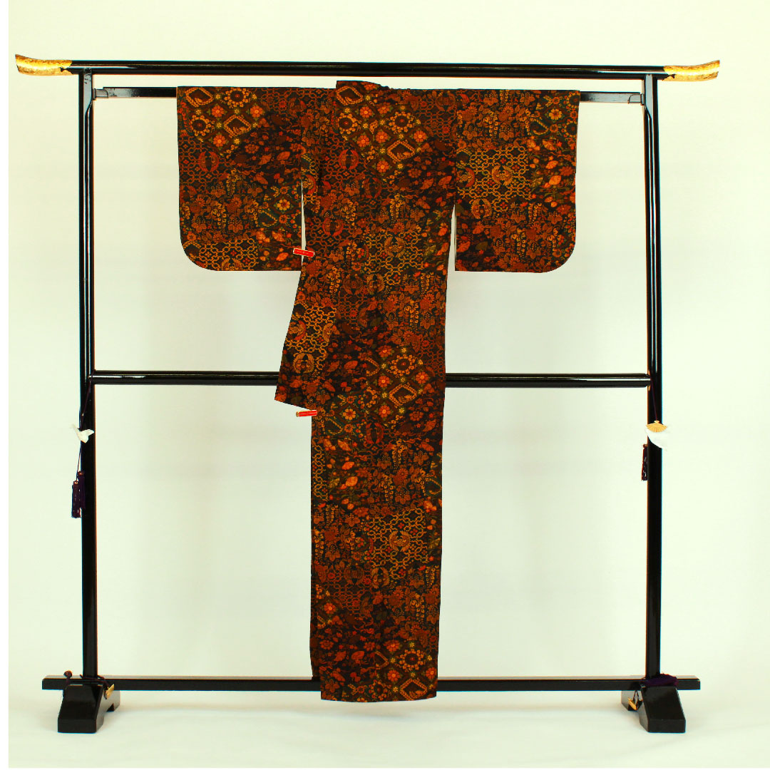 小紋 身丈158cm 裄丈64cm 袷 更紗模様 正絹 Aランク 茶系 1115000443314