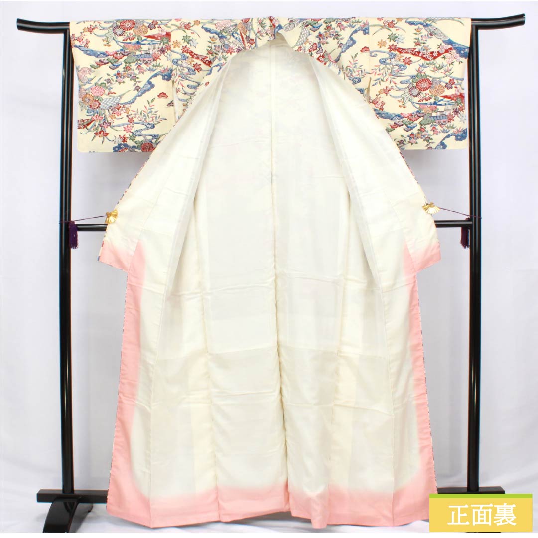 Komon (small pattern) kimono, pure silk, length 164cm, sleeve length 63.5cm, lined, light egg-colored (usutamagoiro) stencil-dyed, Chayatsuji, tsumugi fabric, S rank, cream, product number 1115006172415