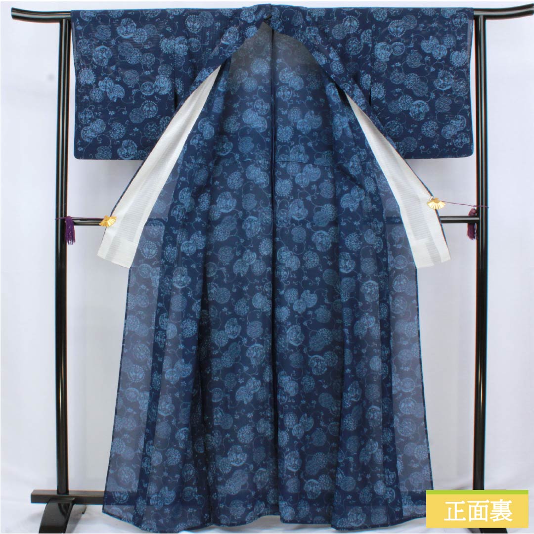 夏物 正絹 小紋 身丈163.5cm 裄丈63cm 紺色(こんいろ) 古典柄 型染 絽 Aランク 紺系 1132002713418