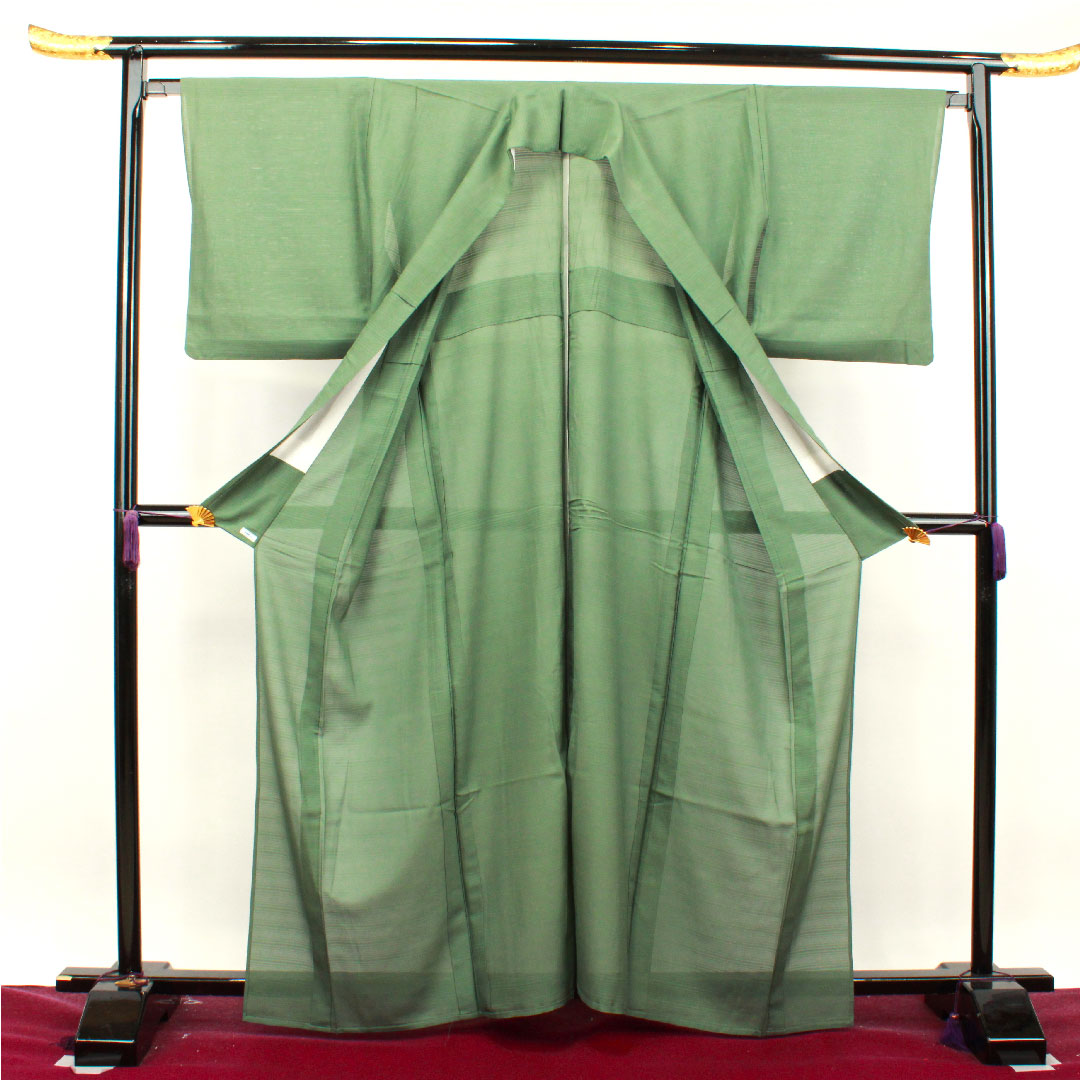 夏物 正絹 色無地 身丈162.5cm 裄丈66cm 笹色(ささいろ) 素無地 絽 Aランク 緑系 1132001073419